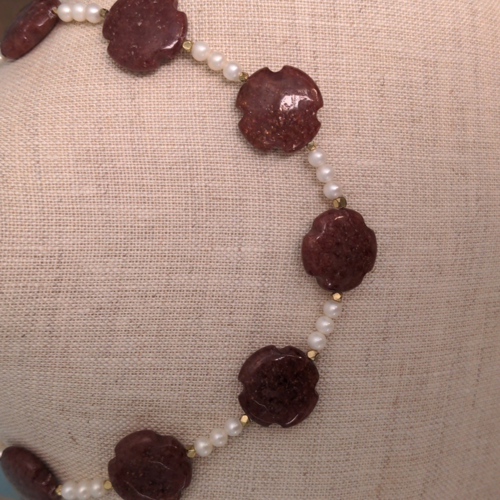 Strawberry Quartz & genuine pearl necklace.  New, handcrafted.  18"+ 3"   Boxed